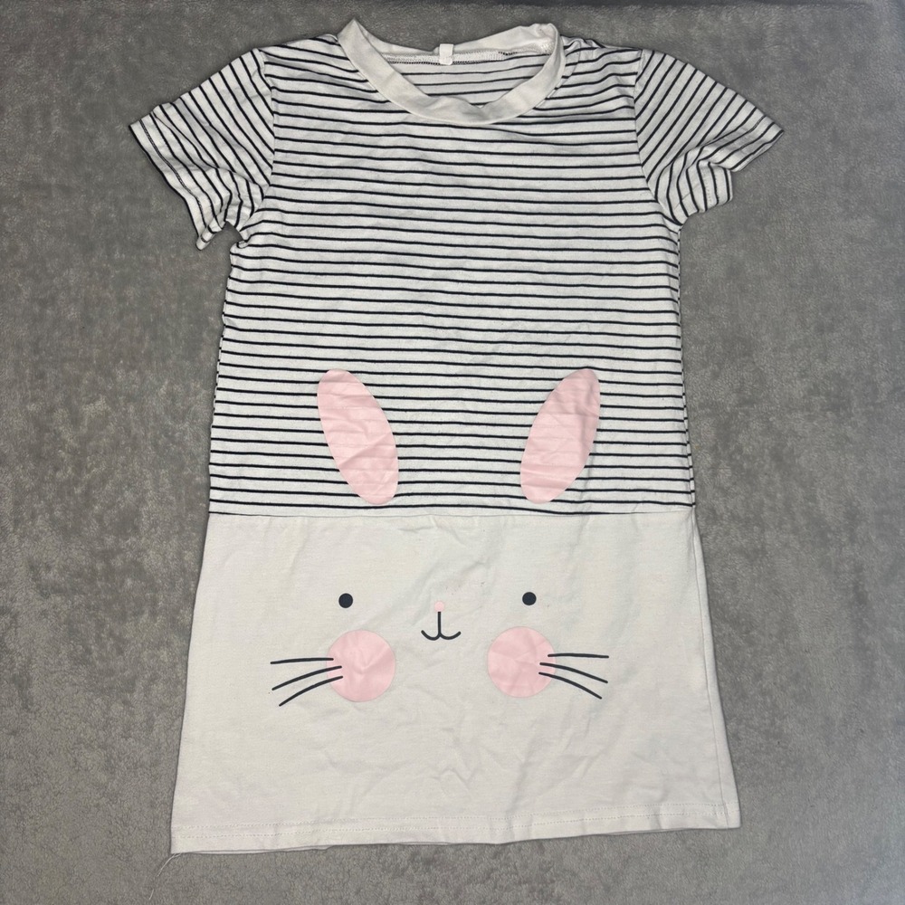 Girls Bunny Face Striped T-Shirt Dress Short Sleeve White Black Pink Size 120